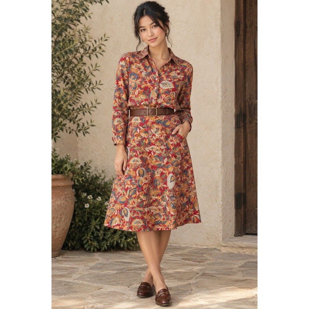 Bushwacker VTG 2-Piece Set L Women’s Button-Up Shirt Midi Skirt Cotton Folk Art